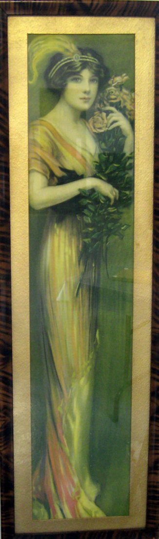 Yard long print. Victorian Lay with feather hair b: Yard long print. Victorian Lay with feather hair band and roses. Minor pin head surface damage. $120-180