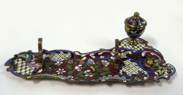 Champleve pen holder. French champleve pen holder: Champleve pen holder. French champleve pen holder with inkpot. Appropriate age wear. 2 1/2''h x 9''l. $60-80