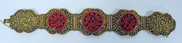 Chinese cinnabar and gilt wire bracelet, marked Ch: Chinese cinnabar and gilt wire bracelet, marked China. Appropriate age wear. $70-100