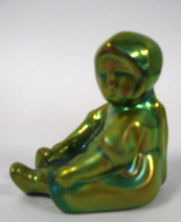 Zsolnay green child. 3''h. good condition Appropr: Zsolnay green child. 3''h. good condition Appropriate wear. $20-30
