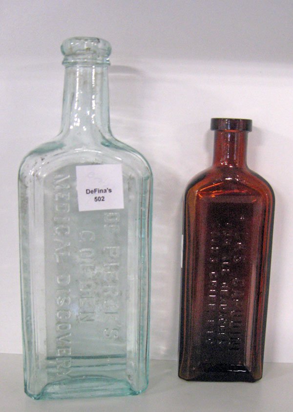 Two bottles, ''Dr. Pierces Golden Medical Discover: Two bottles, ''Dr. Pierces Golden Medical Discovery R.V. Priece, MD. Buffalo NY.'' and ''Hicks Capudine for Headaches Cold Gripp etc.'' Appropriate age wear. $20-40