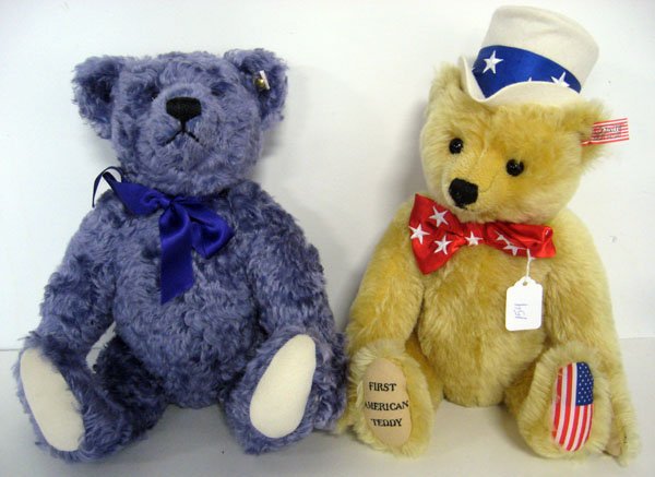 Teddy Bears. Two Steiff LE teddy bears. 14'' ''First Am: Teddy Bears. Two Steiff LE teddy bears. 14'' ''First American Teddy'' on foot, LE 667183, growler working, button tag, ca 2003, signed by Dick Frantz. 15'' lavender, 665479, with growler, LE 3500, but