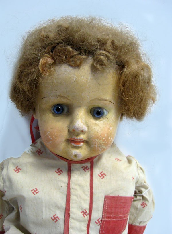 26'' Papier mache doll. Unmarked. Papier mache, cloth b: 26'' Papier mache doll. Unmarked. Papier mache, cloth body, German papier mache head, glass paperweight set eyes, original wig, Wear to face scratches, cloth body leaking [tape to left leg]. Antique d