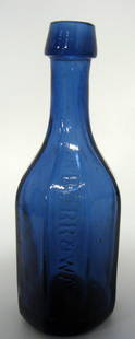 Burr & Waters cobalt blue soda with iron pontil Buffalo: Burr & Waters cobalt blue soda with iron pontil Buffalo NY. The word ''returned'' is missing the e and is spelled ''Returnd''. Condition is very good with one flea bite ding on the side. 7 1/2''h. $25