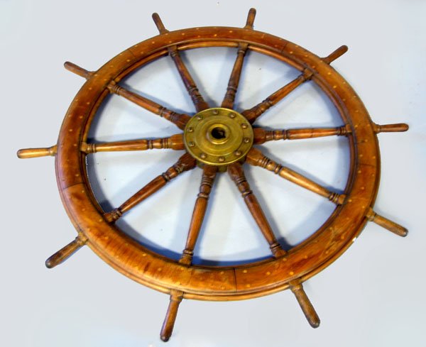 Large rare 1800's ship's wheel 60''dia. with 10 spokes : Large rare 1800's ship's wheel 60''dia. with 10 spokes and a solid brass hub. Very good condition. Appropriate age wear. $1500-2000