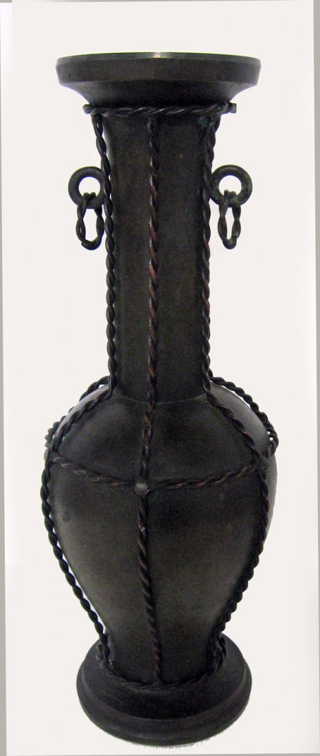 Bronze vase with applied rigoree, loop handles. Marked : Bronze vase with applied rigoree, loop handles. Marked Tiffany Studios [?]. Rigoree as is. Appropriate age wear. 16''h. $200-300