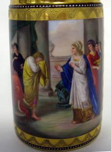 Royal Vienna porcelain stein hand painted with classica: Royal Vienna porcelain stein hand painted with classical Romanesque scene. ''Telemach beweint des schiksel seines vaters'' The Maque mourns his father's destiny. Very good condition with some gilt wea