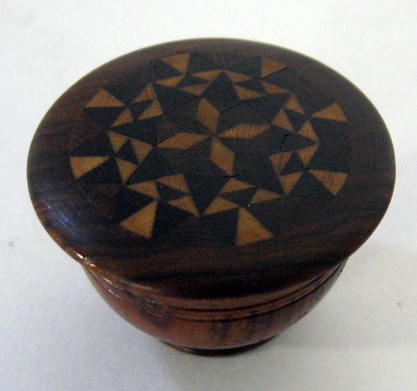 Miniature Treen ware thimble holder. Screw off inlaid t: Miniature Treen ware thimble holder. Screw off inlaid top. Appropriate age wear. 1''h x 1 3/8'' dia. $60-80