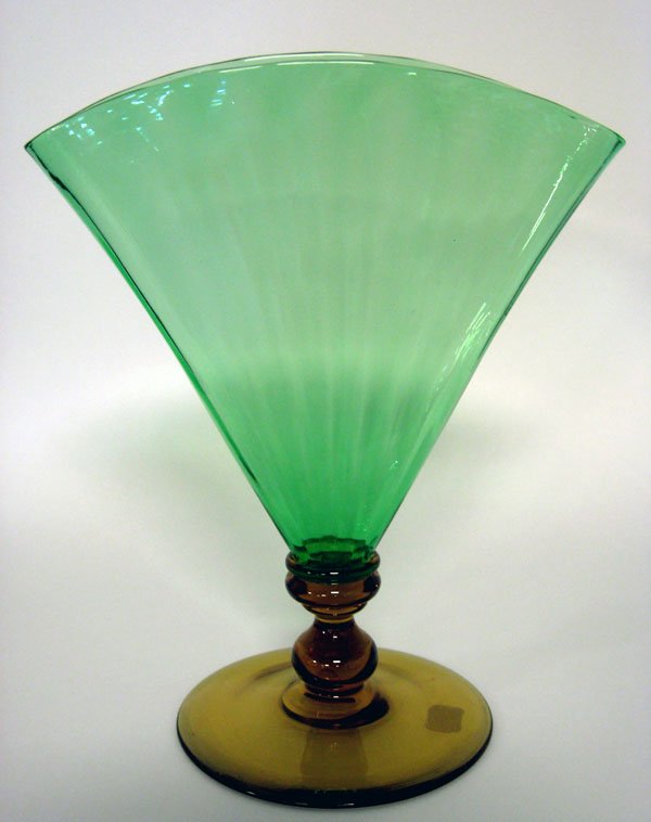 Large Steuben fan vase, green vase with amber base. Goo: Large Steuben fan vase, green vase with amber base. 11''h. $120-180