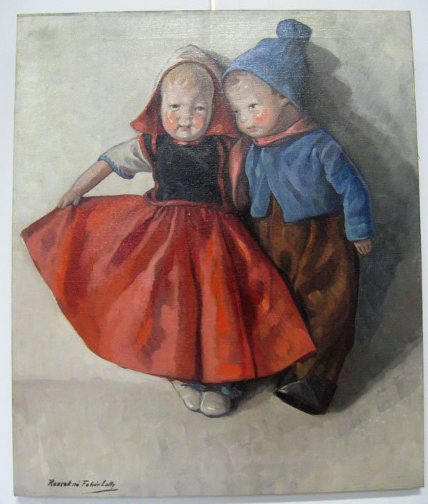 Oil on canvas, two Dutch dolls, Feher Lolly, signed low: Oil on canvas, two Dutch dolls, Feher Lolly, signed lower right. Ca 1950's. Appropriate age wear. 24''h x 20''w. $150-250