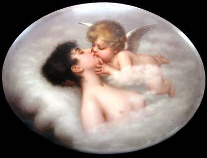 Hand painted porcelain plaque of cherub and maiden. Goo: Hand painted porcelain plaque of cherub and maiden. Good condition. Appropriate age wear. 5 1/4''h x 7''l. $50-90