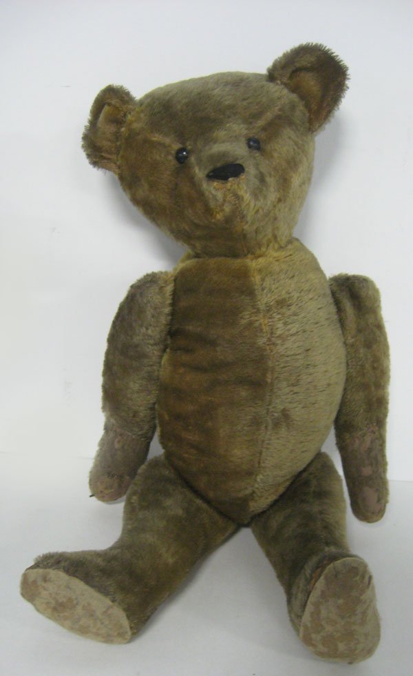 22'' American gold mohair bear. Vintage, jointed, origi: 22'' American gold mohair bear. Vintage, jointed, original shoe button eyes, hump in back, excelsior stuffed, possibly Ideal. Ca 1920-1930. Replaced glued paw pads on feet, and replaced stitched nose.