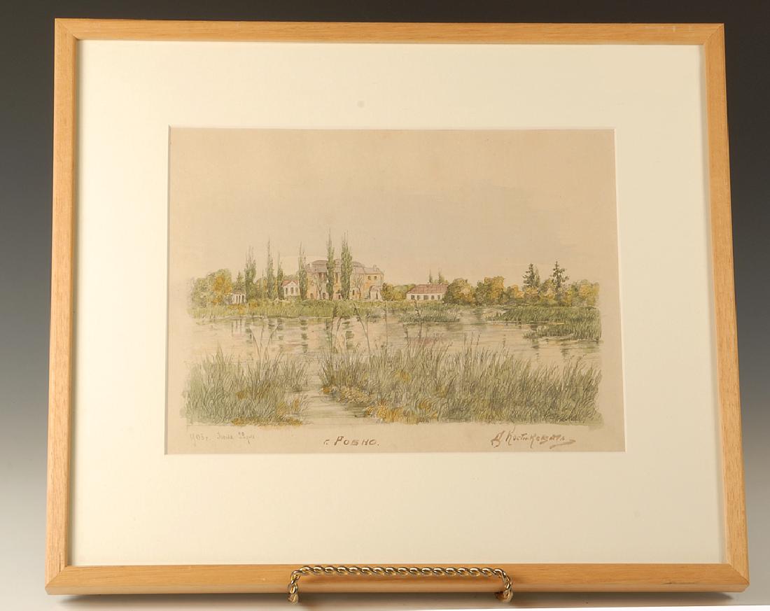 D. Kostyukevich, Rovno, 22 June 1903: D. Kostyukevich, Rovno, 22 June 1903. View of a country house and outbuildings on the banks of a river or pond, apparently on the outskirts of the city of Rovno (now Rivne, Ukraine, spelled rawne in P