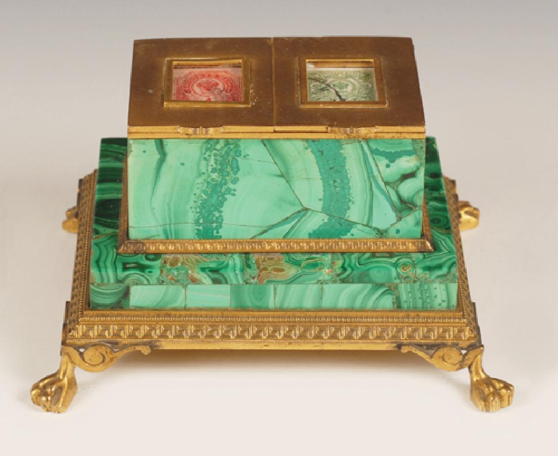 A Russian malachite and gilt bronze stamp box, ca 1900 (1 of 6)