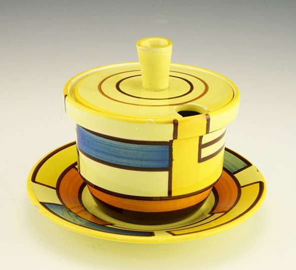 Eva Zeisel, a Schramberg Jam Jar, ca1929-35: Eva Zeisel, a lidded Jam Jar with underplate (model 3241), Schramberger Majolika-Fabrik, Schramberg, Germany, circa 1929-35. Décor: 3526 (later nicknamed Mondrian). Height of Jar: 4 1/2 in. (11.4 cm)