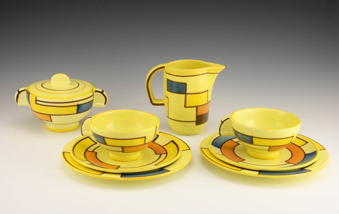 Eva Zeisel, a Schramberg part Tea Set, ca1929-35: Eva Zeisel, a part Tea Service comprising a Sugar with lid (model 3213), two Cups and Saucers (model 3214), two Dessert Plates (model 3003), and a Creamer (model 3290), Schramberger Majolika-Fabrik, S