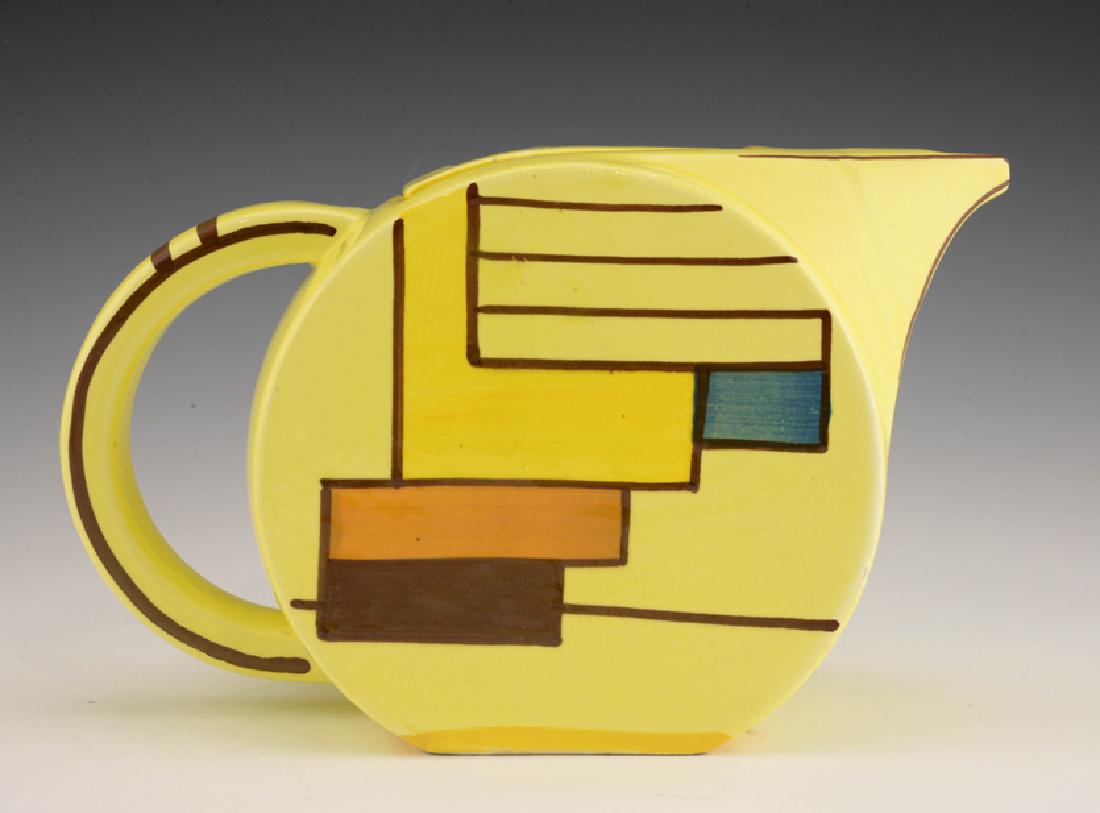 Eva Zeisel, a Schramberg triangular Teapot, ca1929-35: Eva Zeisel, a lidded Teapot with triangular top (model 3301), Schramberger Majolika-Fabrik, Schramberg, Germany, circa 1929-35. Décor: 3526 (later nicknamed Mondrian). Height of Teapot: 5 1/2 in. (14