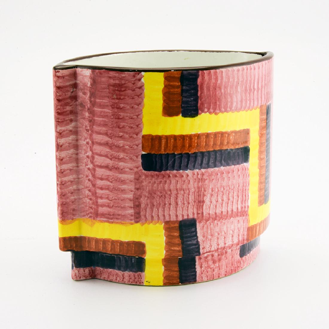 Eva Zeisel, a Schramberg Offset Vase (3255): Eva Zeisel, an Offset Vase (model 3255), Schramberger Majolika-Fabrik, Schramberg, Germany, circa 1929-35. Décor Gobelin 8 (rose). Height: 5 1/4 in. (13.3 cm); width: 5 3/4 in. (14.6 cm). 1620-022. E
