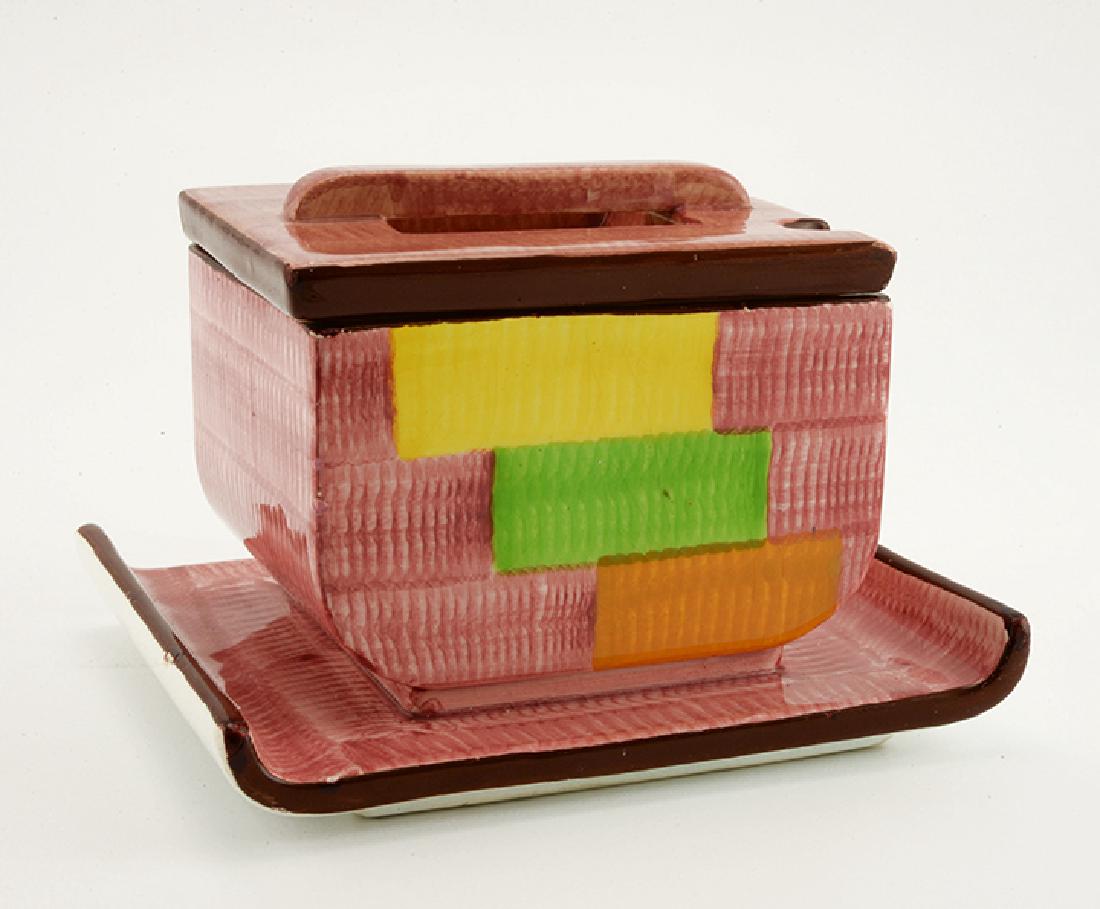 Eva Zeisel, a Schramberg Jam Jar (3417): Eva Zeisel, a lidded Jam Jar (model 3417), Schramberger Majolika-Fabrik, Schramberg, Germany, circa 1929-35. Décor: Gobelin No. 12 rose. Width of Tray: 5 ¼ in. (13.5 cm), length: 4 ¾ in. (12cm). Ja