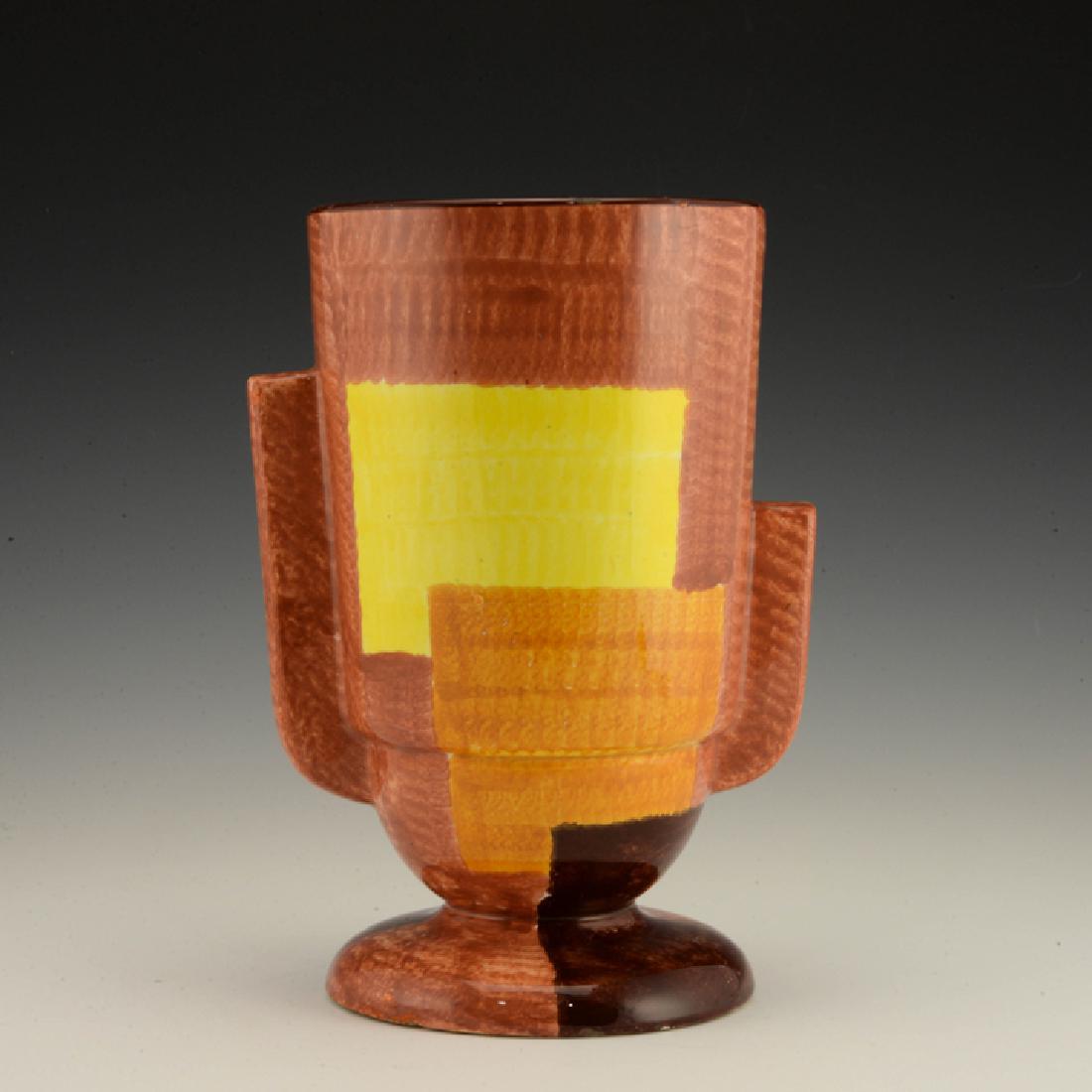 Eva Zeisel, a Schramberg Vase (3228): Eva Zeisel, a Vase with handles (model 3228), Schramberger Majolika-Fabrik, Schramberg, Germany, circa 1929-35. Décor: Gobelin 13. Height: 8 1/2 in. (21.5 cm); dia.: 4 3/4 in. (12.5 cm). 1620-031 Exh