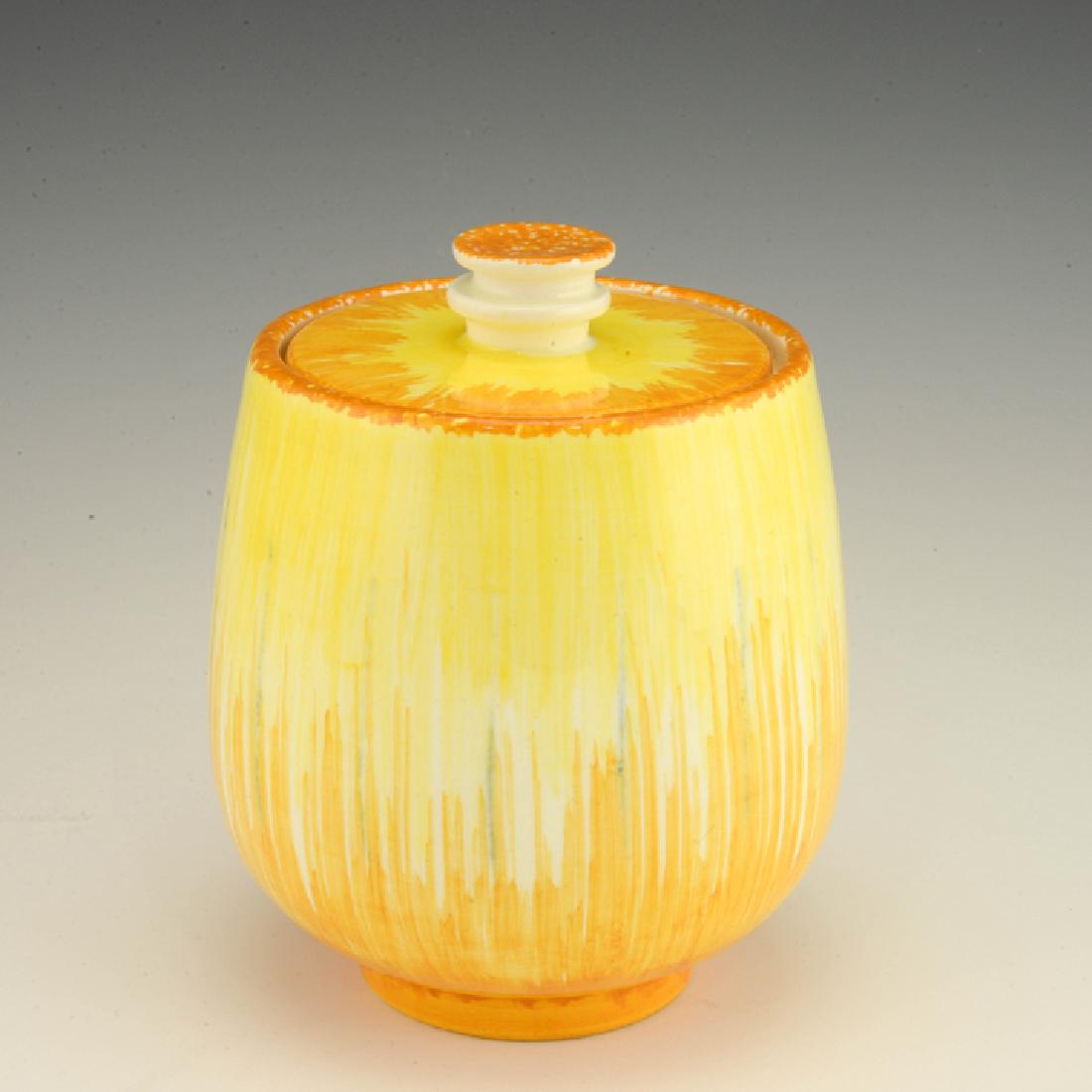 Eva Zeisel, a scarce Schramberg circular Box: Eva Zeisel, a scarce circular lidded Box (model 3462), the lid with ribbed finial, décor number unknown and a small circular lidded box (model 3399 or 3400?), Schramberger Majolika-Fabrik, Schramberg