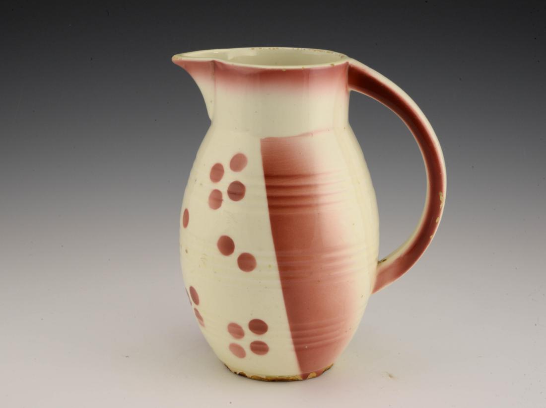 Eva Zeisel, a Schramberg Pitcher, ca1929-35: Eva Zeisel, a Pitcher (model 3385), Schramberg. Schramberger Majolika-Fabrik, Schramberg, Germany, circa 1929-35. Décor no. 415 Spritzdekor. Height: 7 1/4 in. (18.5 cm); width over handle: 6 1/4 in.