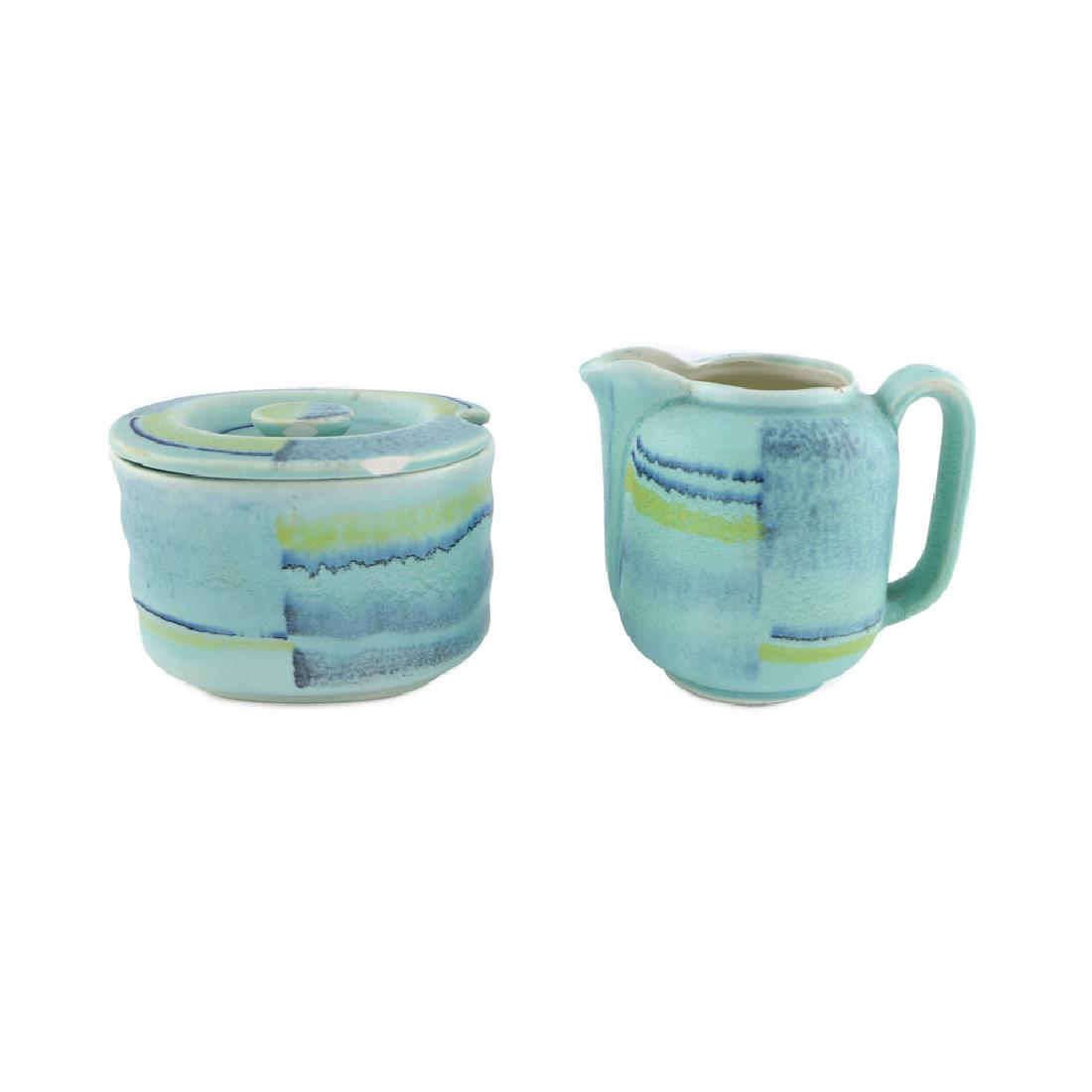 Zeisel Carstens Marmalade Pot & Sugar c1930: Eva Zeisel, an oval Marmalade Pot with lid from the Form C Coffee Service and Creamer from the Form R Tea or Coffee Service, both with plaid style Spritzdekor in pale blue, navy, and yellow, Hirschaue