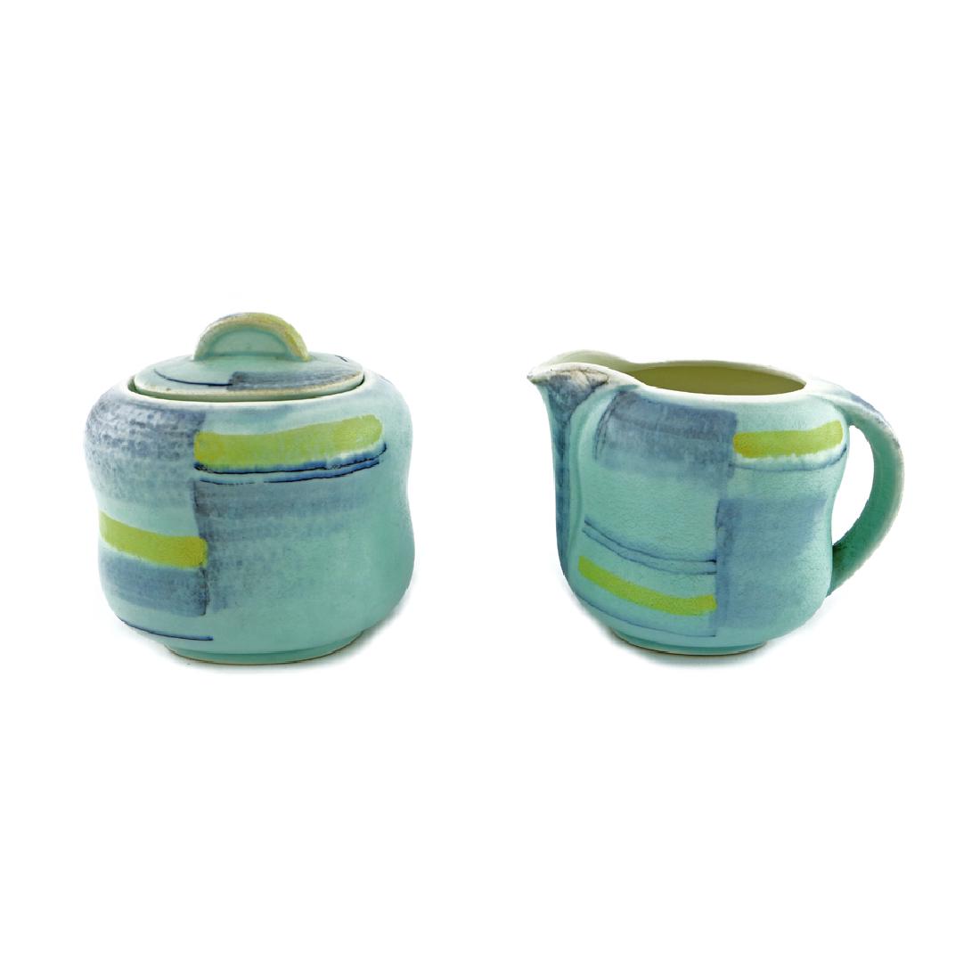 Eva Zeisel, Carstens Sugar & Creamer, c1930: Eva Zeisel, an oval Sugar Bowl with Lid and Creamer from a Coffee Service (Form S), Hirschauer Steingutfabriken C&E Carstens, Hirschau, Germany, 1930. The underside of both pieces with the letter S in