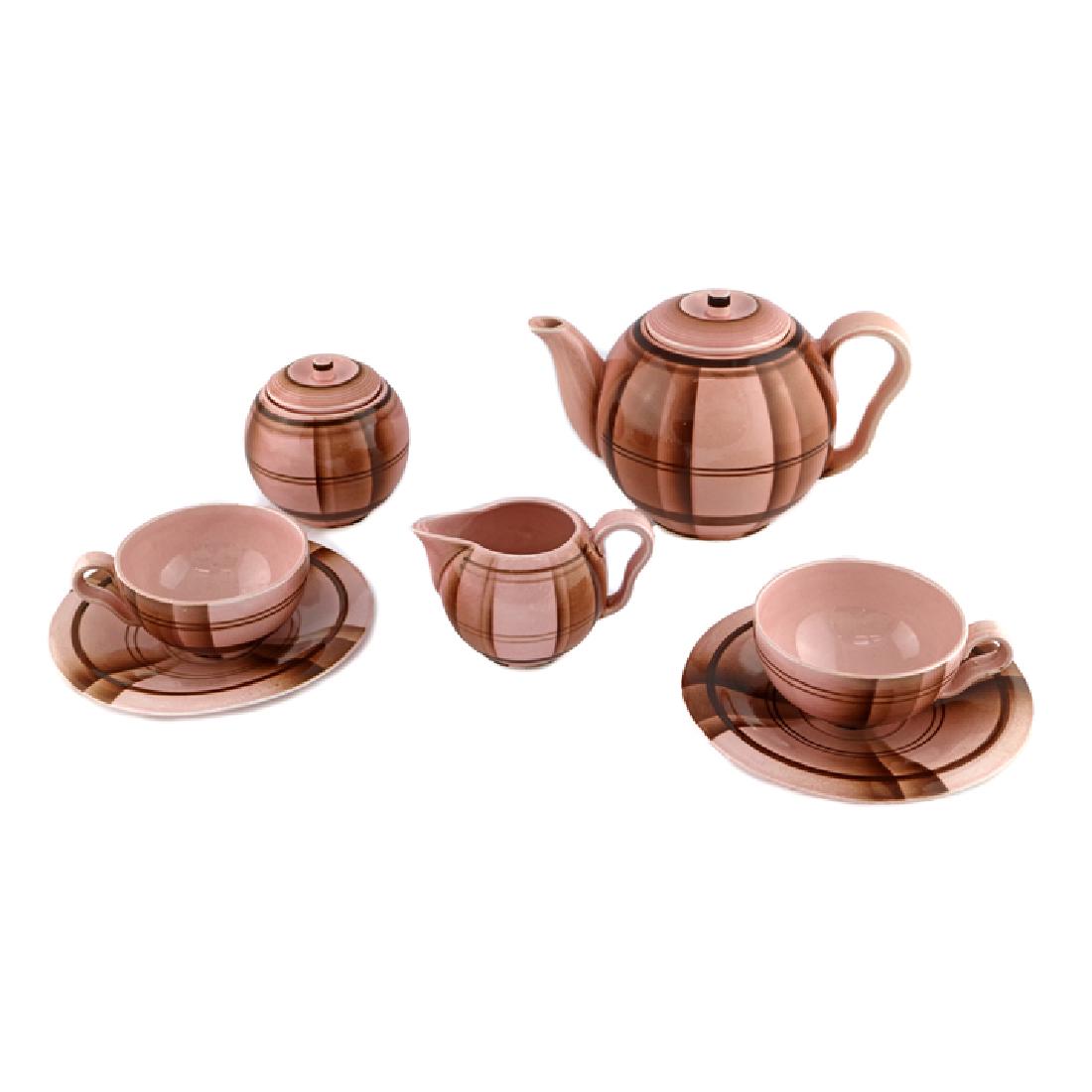 Eva Zeisel, rare Carstens Form T Kugelservice ca1930: Eva Zeisel, A rare Form T (Kugelservice) Tea Service comprising a tea pot, a Sugar Bowl with lid, a Creamer, and two Cups and Saucers, all decorated in brown and pink plaid-style glaze, Hirschauer Ste