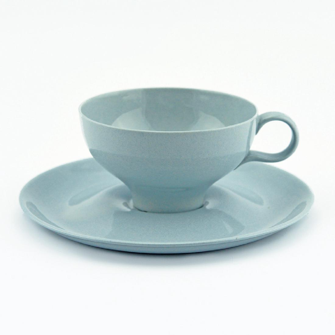 Eva Zeisel, Rare Riverside Cup & Saucer: Eva Zeisel, a rare Cup and Saucer in Light Blue Glaze, Riverside Ceramics, Riverside, California, 1947. Porcelain. Height of teacup: 2 1/2 in. (6.5 cm), width over handle: 5 1/8 in. (13 cm); saucer di