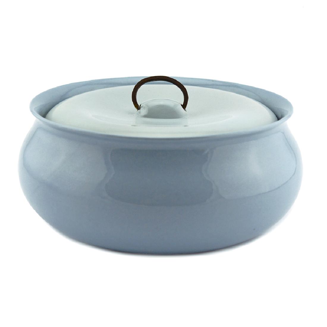 Eva Zeisel, Rare Riverside Casserole: Eva Zeisel, a rare Lidded Casserole in Light Blue Glaze, Riverside Ceramics, Riverside, California, 1947. Porcelain with brass handle. Height: 4 in. (10 cm); dia. 8 3/4 in. (22.2 cm). 1620-191 Provena