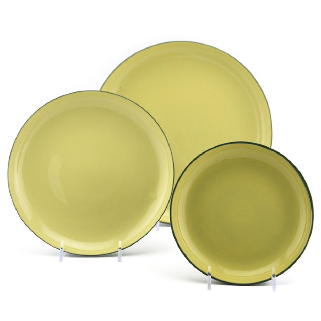 Eva Zeisel, Rare Riverside 2-Tone Plates: Eva Zeisel, a rare Dinner Plate, Salad Plate, and Bread Plate in Two-Tone Avocado and Yellow Glaze, Riverside Ceramics, Riverside, California, 1947. Porcelain. The Dinner and Salad Plates Unmarked. Di