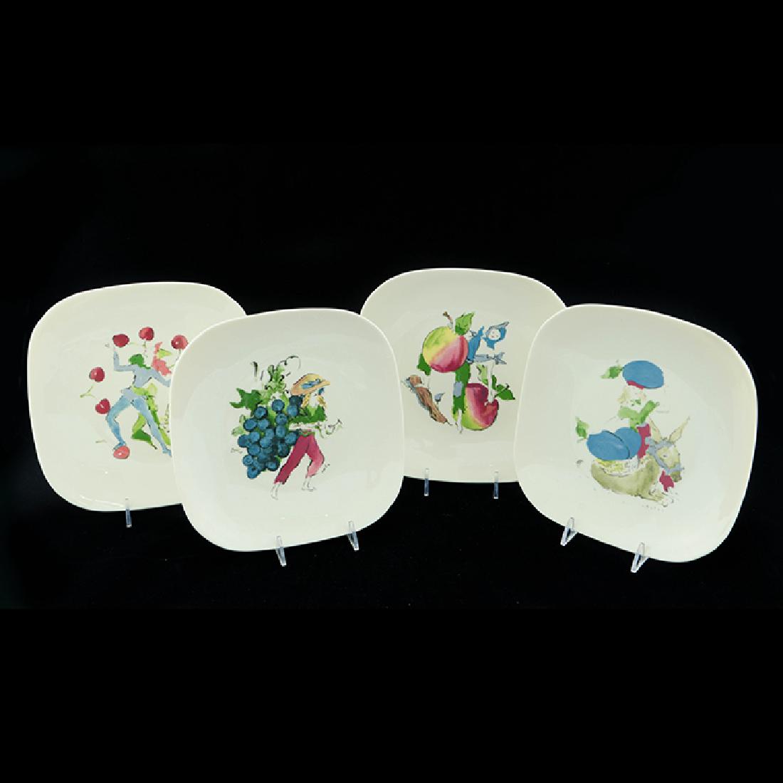 Eva Zeisel, 4 Museum Salads with Vertes designs: Eva Zeisel, a group of four Salad Plates from the Museum Service (designed 1942-43), Contemporary Castleton China, each with a transfer-printed decoration after original designs by Marcel Vertès (189