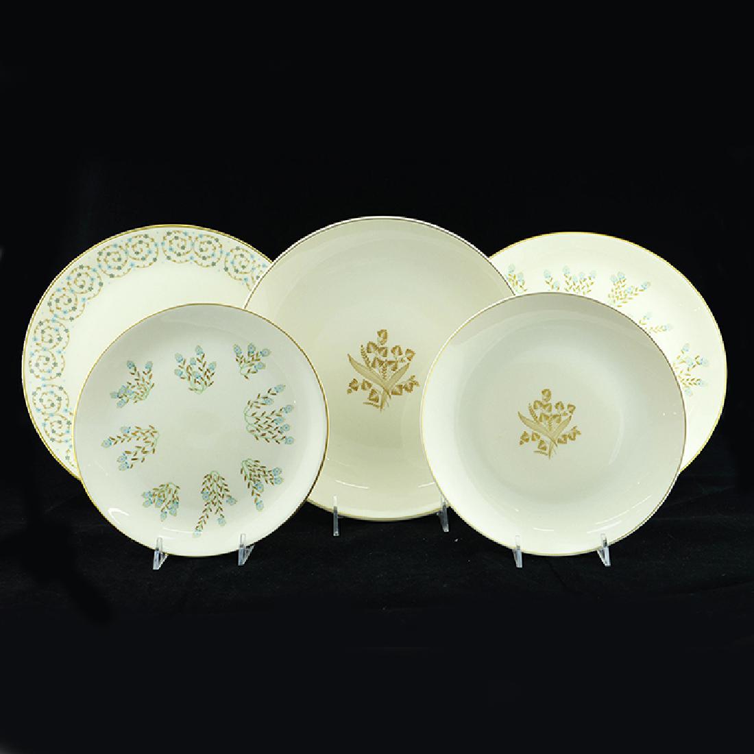 Eva Zeisel, Costigan & others Museum Service pieces: Eva Zeisel, two Dinner Plates and a Salad Plate, Museum Service, Cellini pattern decoration, one Dinner Plate in the Classic Scroll pattern, and a Dinner Plate and a Salad Plate, Golden Meadow pattern