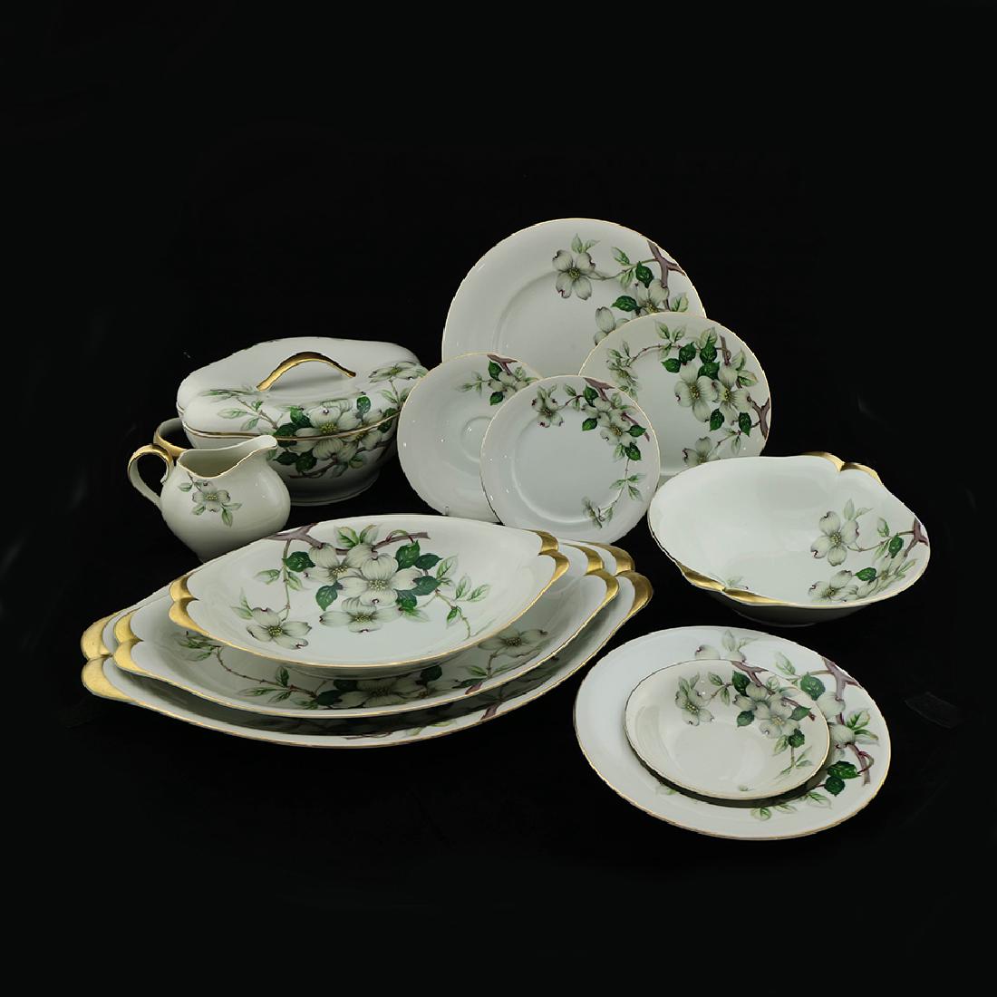 Eva Zeisel, 13 Meito Norleans Livonia items: Eva Zeisel, a group of thirteen pieces with Livonia decoration, comprising three Platters, a Covered Casserole, three Bowls, three Plates, a Saucer, a Sauce Boat, and a Creamer, all with stamped mark
