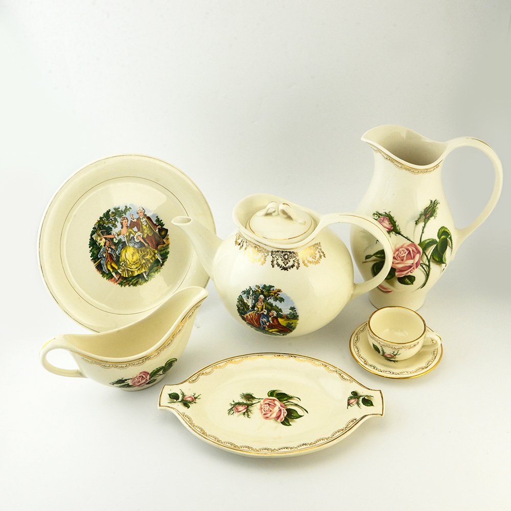 Eva Zeisel, Rare Lofisa Dinnerware Pieces: Eva Zeisel, a rare group of dinnerware items with transfer printed decoration (not approved by Zeisel), stamped Lofisa, Guadalajara, Mexico on the underside, Loza Fina, Guadalajara, Mexico, circa 1951