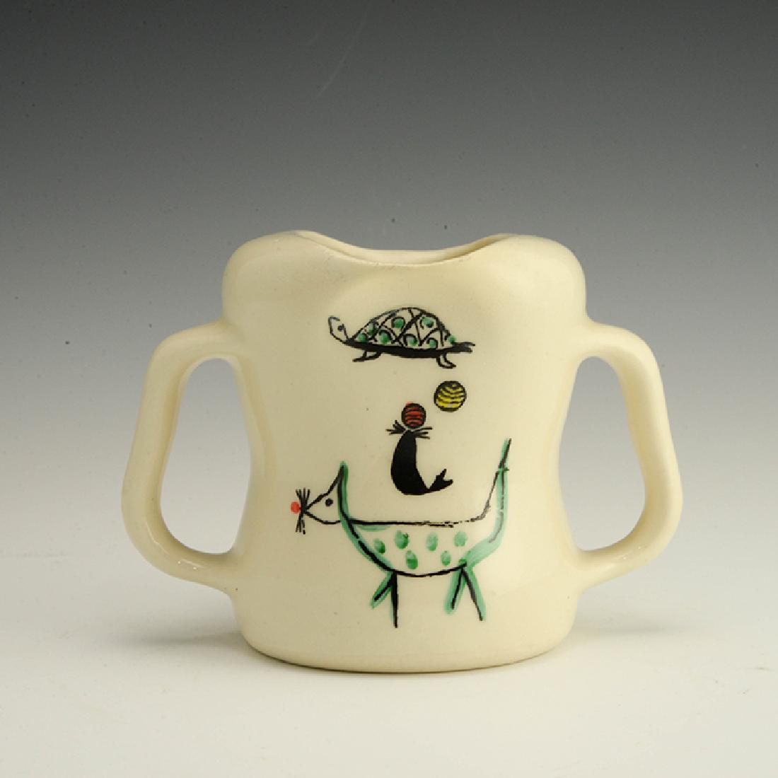 Eva Zeisel, Wee Modern 2-Handled Mug: Eva Zeisel, Two-Handled Mug for a Toddler, Wee Modern, Goss China, Chatham, New Jersey, circa 1951. The underside stamped "WEE MODERN" by Eva Zeisel. Goss China in black. Porcelain, transfer-printed.