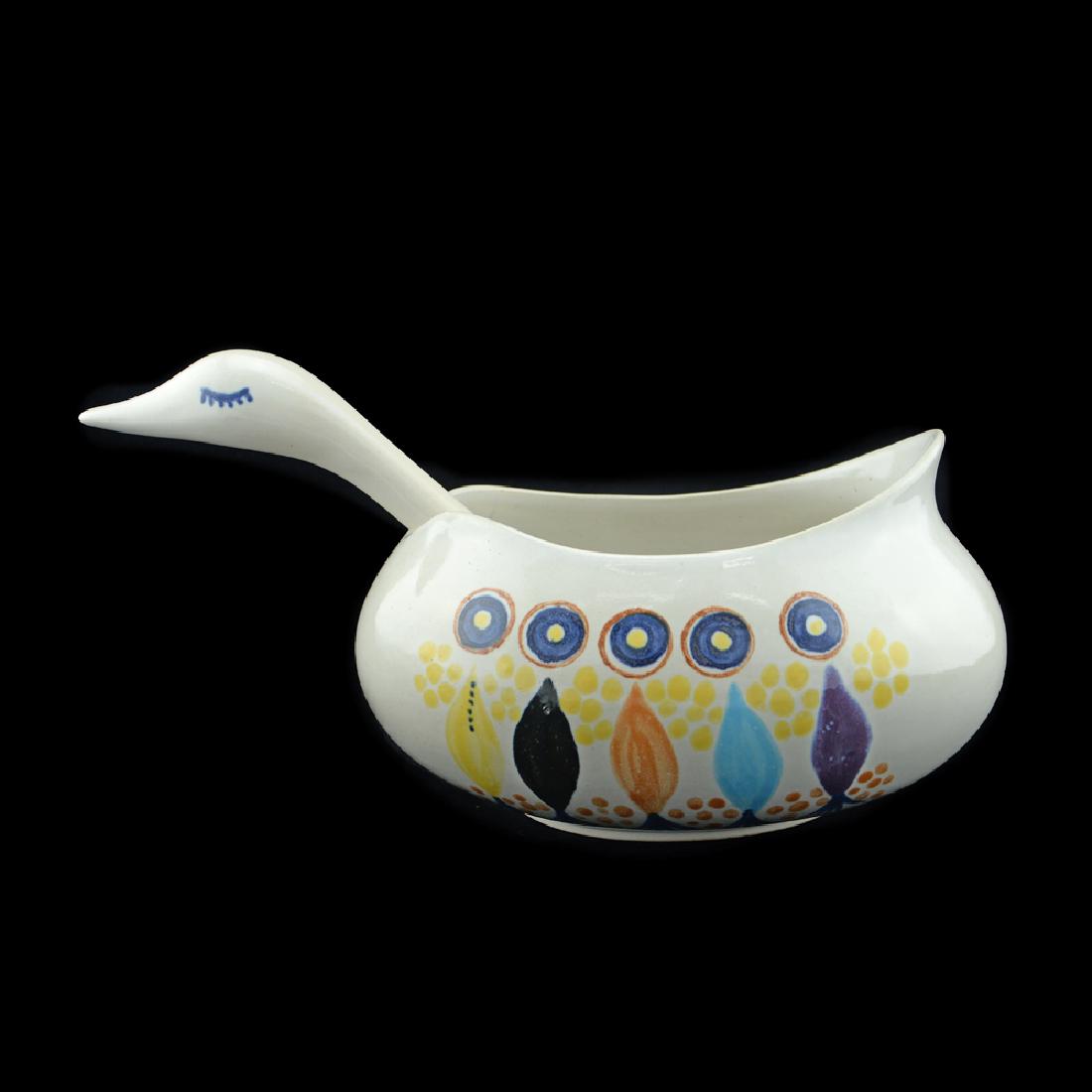 Eva Zeisel, Rare Monmouth Pals Bird Bowl & Ladle: Eva Zeisel, a rare Goose-Form Ladle and Bowl, Pals decoration pattern, Eva Zeisel Fine Stoneware, Monmouth Pottery, Western Stoneware Company Monmouth, Illinois, circa 1953-1954. Unmarked. Height of B