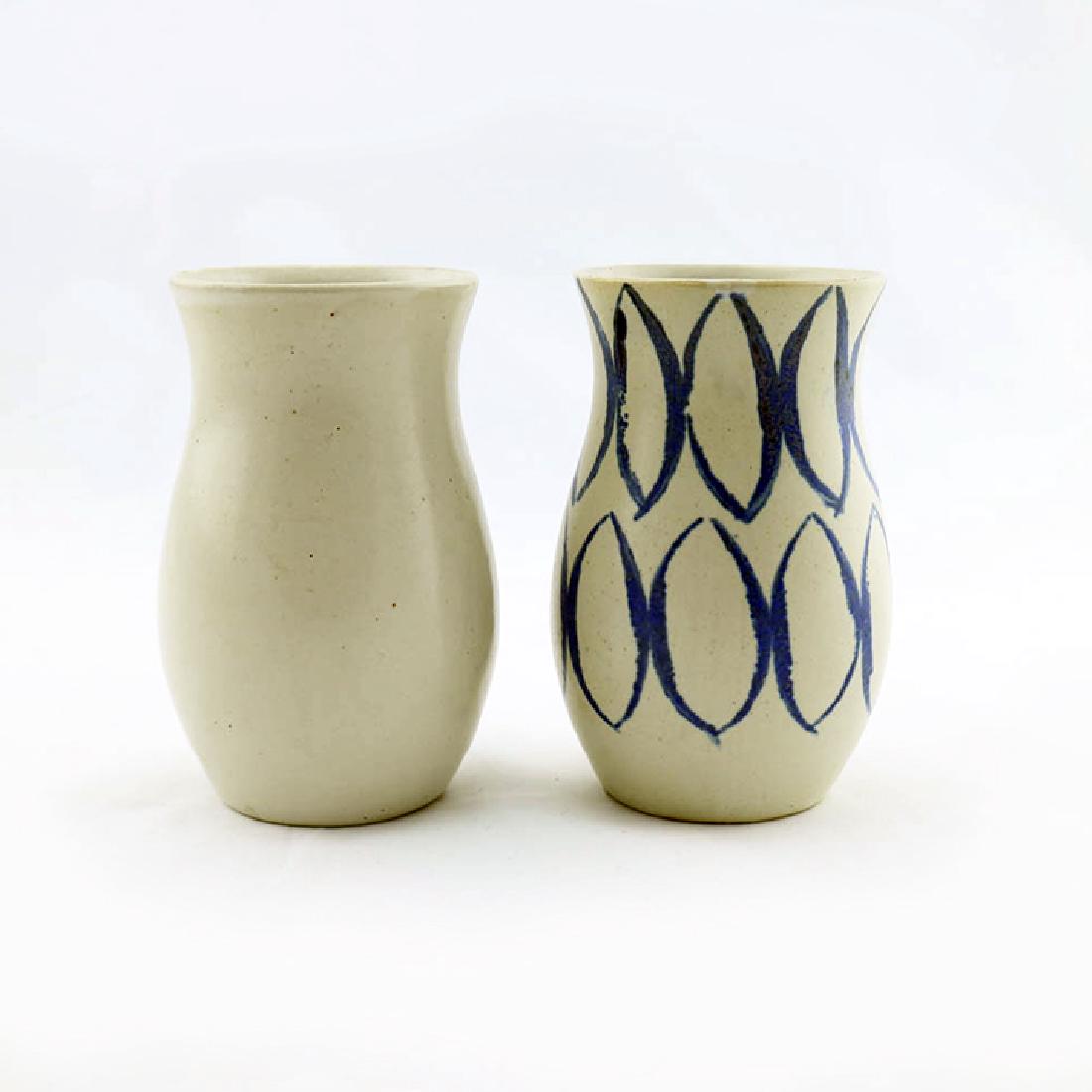 Eva Zeisel, 2 Monmouth Stoneware Mugs: Eva Zeisel, two Mugs, one in Cloud Grey Glaze and the other with Commas decoration pattern, Eva Zeisel Fine Stoneware, Monmouth Pottery, Western Stoneware Company, Monmouth, Illinois, circa 1953-1954.