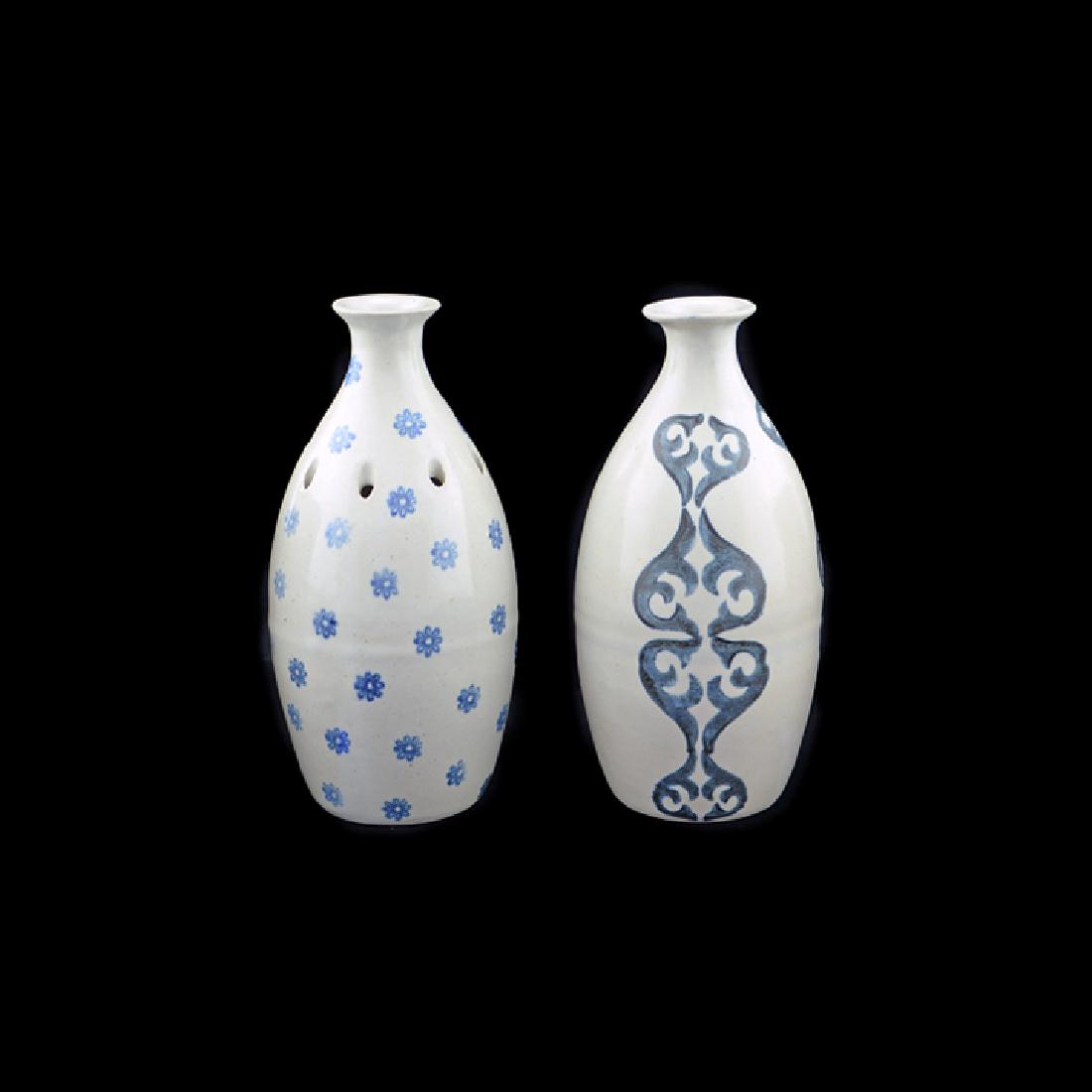 Eva Zeisel, 2 Rare Monmouth Cruet/Vases: Eva Zeisel, a rare Cruet, Colonial decoration pattern and a rare Vase or Candleholder, Chintz pattern, Eva Zeisel Fine Stoneware, Monmouth Pottery, Western Stoneware Company, Monmouth, Illinois, circa