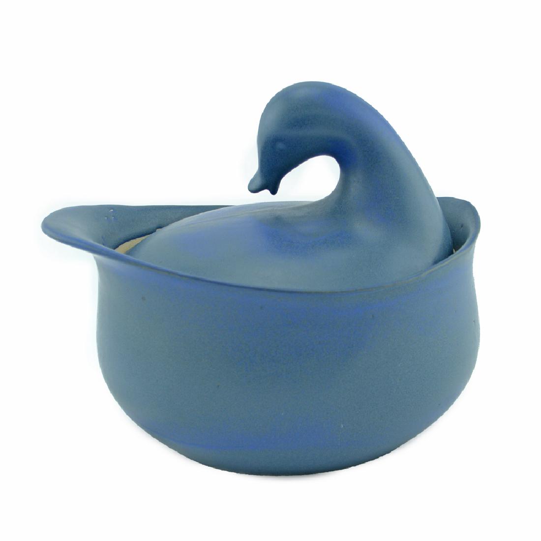Eva Zeisel, Rare Blue Monmouth Bird Casserole: Eva Zeisel, a rare test of the covered bird-form two-quart Casserole, Blueberry glaze, Eva Zeisel Fine Stoneware, Monmouth Pottery, Western Stoneware Company, Monmouth, Illinois, circa 1953-1954. Unma