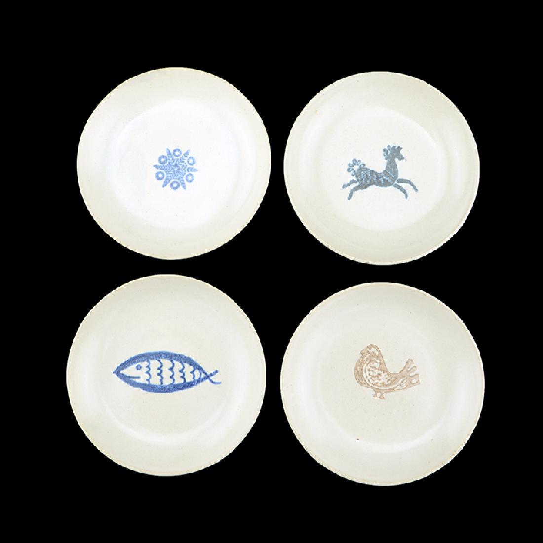 Eva Zeisel, 4 Rare Monmouth Coasters: Eva Zeisel, a group of four extremely rare Coasters or Butter Pats, Pennsylvania Dutch, Colonial, Horses, and Fish and Fowl patterns, Eva Zeisel Fine Stoneware, Monmouth Pottery, Western Stoneware Com