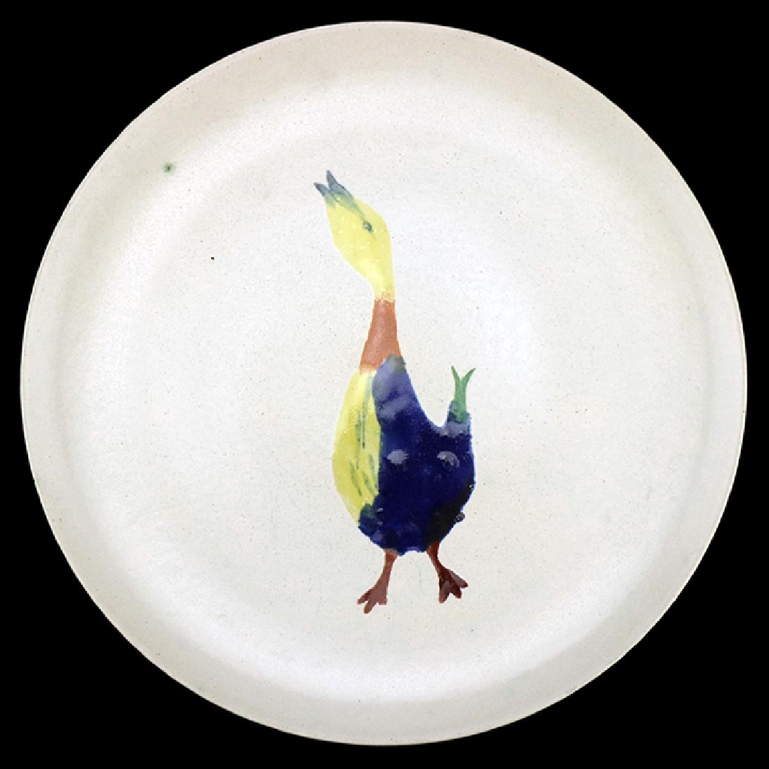 Eva Zeisel, Rare Monmouth "Zeisel Ware" Plate: Eva Zeisel, an extremely rare “Zeisel Ware” test piece with a stylized bird painted by Eva Zeisel, Monmouth Pottery, Western Stoneware Company, Eva Zeisel Fine Stoneware, Monmouth, Illinois, circa