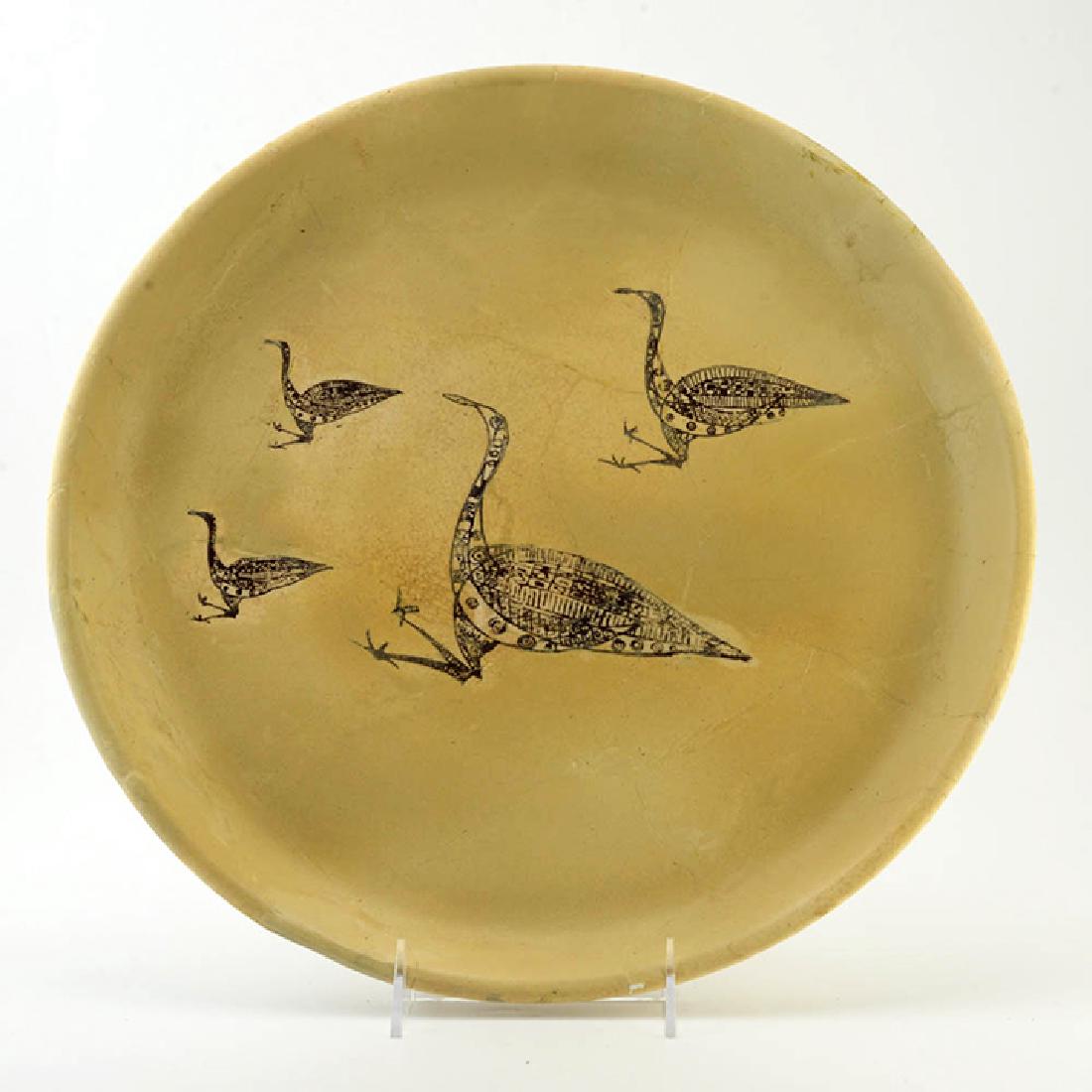 Eva Zeisel, Rare S. Mountain Stoneware Platter: Eva Zeisel, an extremely rare prototype Platter from the South Mountain Stoneware line, Watt Pottery, Crooksville, Ohio, 1954-1955, with ornament by Michel Cadoret (1912-1985) that Zeisel called "Jung