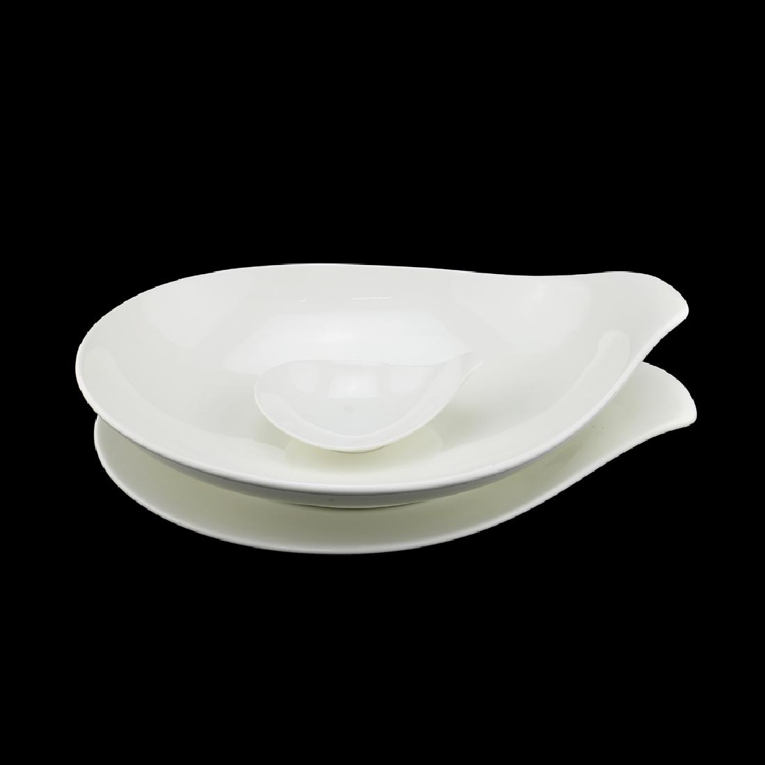 Eva Zeisel, 3 Hallcraft Tomorrow's Classic Items: Eva Zeisel, a 13" Platter, a 14 1/2" Large Salad Bowl, and a scarce Ashtray in White, the undersides of the platter and bowl stamped with Hallcraft by Eva Zeisel, the ashtray unmarked, Tomorrow's Clas