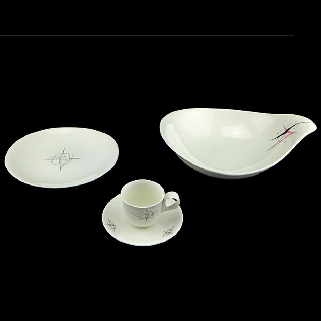 Eva Zeisel, 4 Hallcraft Tomorrow's Classic items: Eva Zeisel, an After Dinner Tea or Coffee Cup and Saucer and a Salad Plate with Fantasy pattern decoration together with a Coupe-Shaped 11.5" Baker in Harlequin, Tomorrow's Classic, Hall China Company