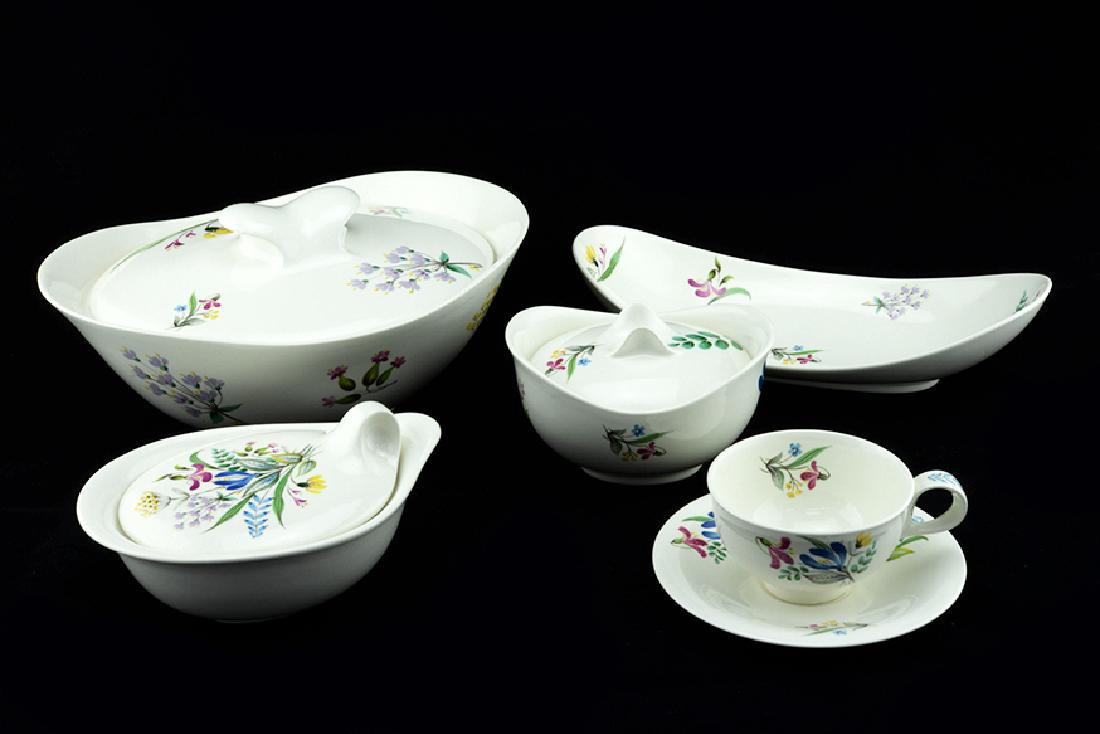 Zeisel Hallcraft Tomorrow's Classic Bouquet Items: Eva Zeisel, an 11 3/4" Covered Dish, a Covered Onion Soup, Marmite, Celery Dish, and a Cup and Saucer, all with Bouquet pattern decoration, the undersides with blue stamped Hallcraft Shape by Eva Zeis
