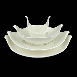 Zeisel Hallcraft Century Nesting Serving Bowls: Eva Zeisel, four nesting bowls comprising a Sauce Bowl, Fruit Bowl, Soup Bowl, and Vegetable Bowl, all with Garden of Eden decoration designed by Abstract Expressionist painter Charles Seliger (1926-2