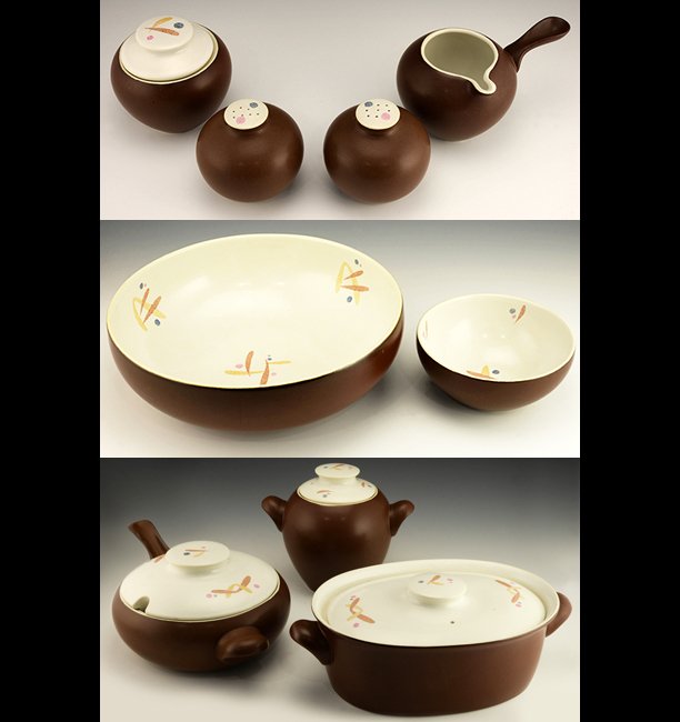 9 Zeisel Hallcraft Casual Living Items: Eva Zeisel, a group of Hallcraft Casual Living pieces, comprising: a Creamer with Handle, Sugar Bowl, Salt and Pepper, a lidded Bean Jar, a Side Handle Lidded Tureen Casserole, a lidded oval Casserole