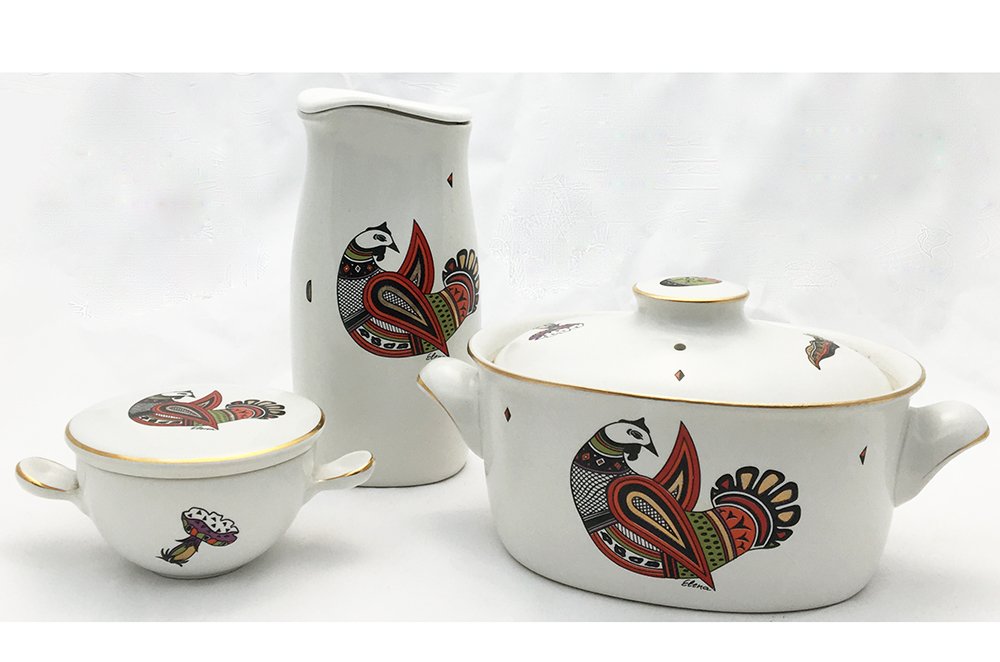 3 Zeisel Hallcraft Hostessware Exotic Bird Items: Eva Zeisel, a lidded Refrigerator Pitcher, a medium Oval Casserole, and a Covered Soup, all with Exotic Bird decoration, the undersides stamped in gilt Hostessware, the handed soup with the added item